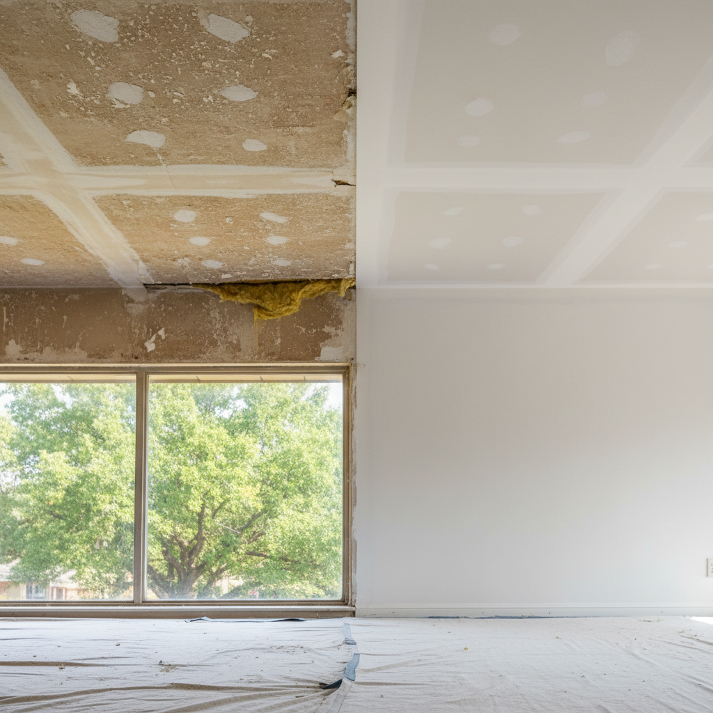 Completed ceiling water damage repair work at a residential property in Royse City, TX