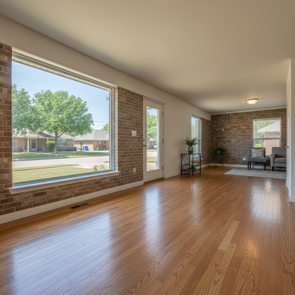 Completed hardwood floor water damage restoration work at a residential property in Sachse, TX