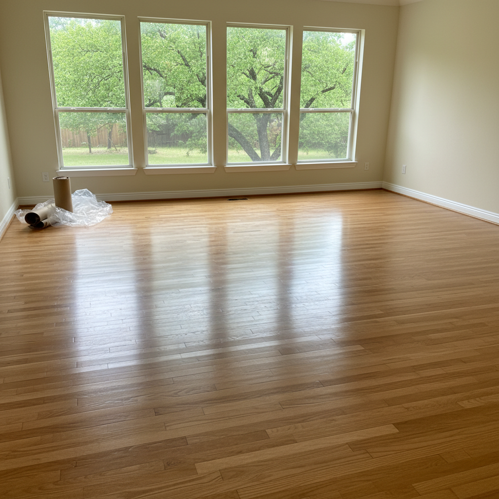 Completed hardwood floor water damage restoration work at a residential property in Driftwood, TX