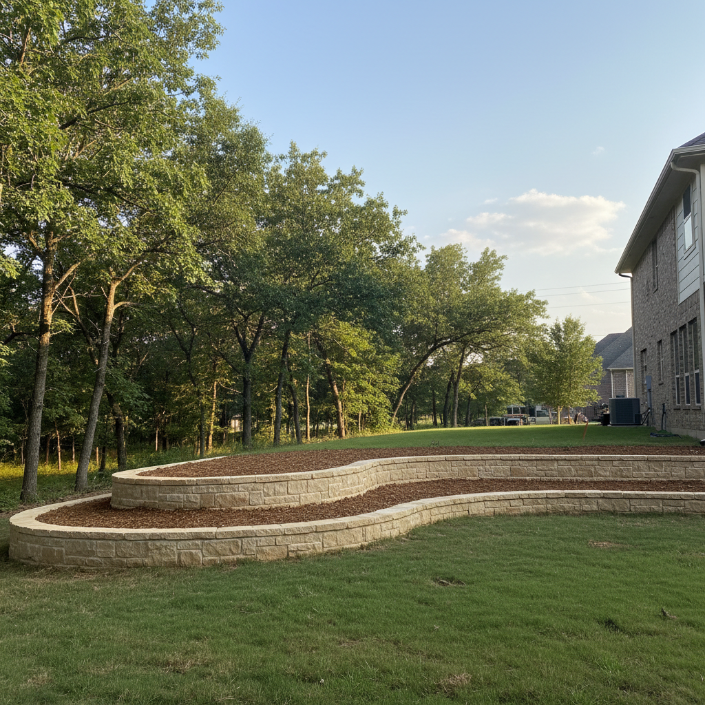Completed retaining wall construction work at a residential property in Fulshear, TX