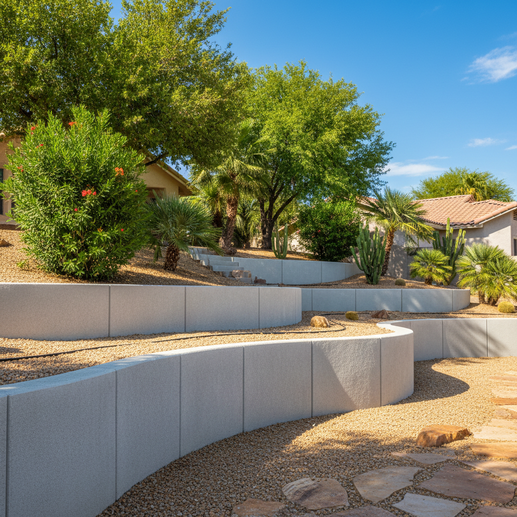 Completed concrete retaining walls work at a residential property in Bullhead City, AZ