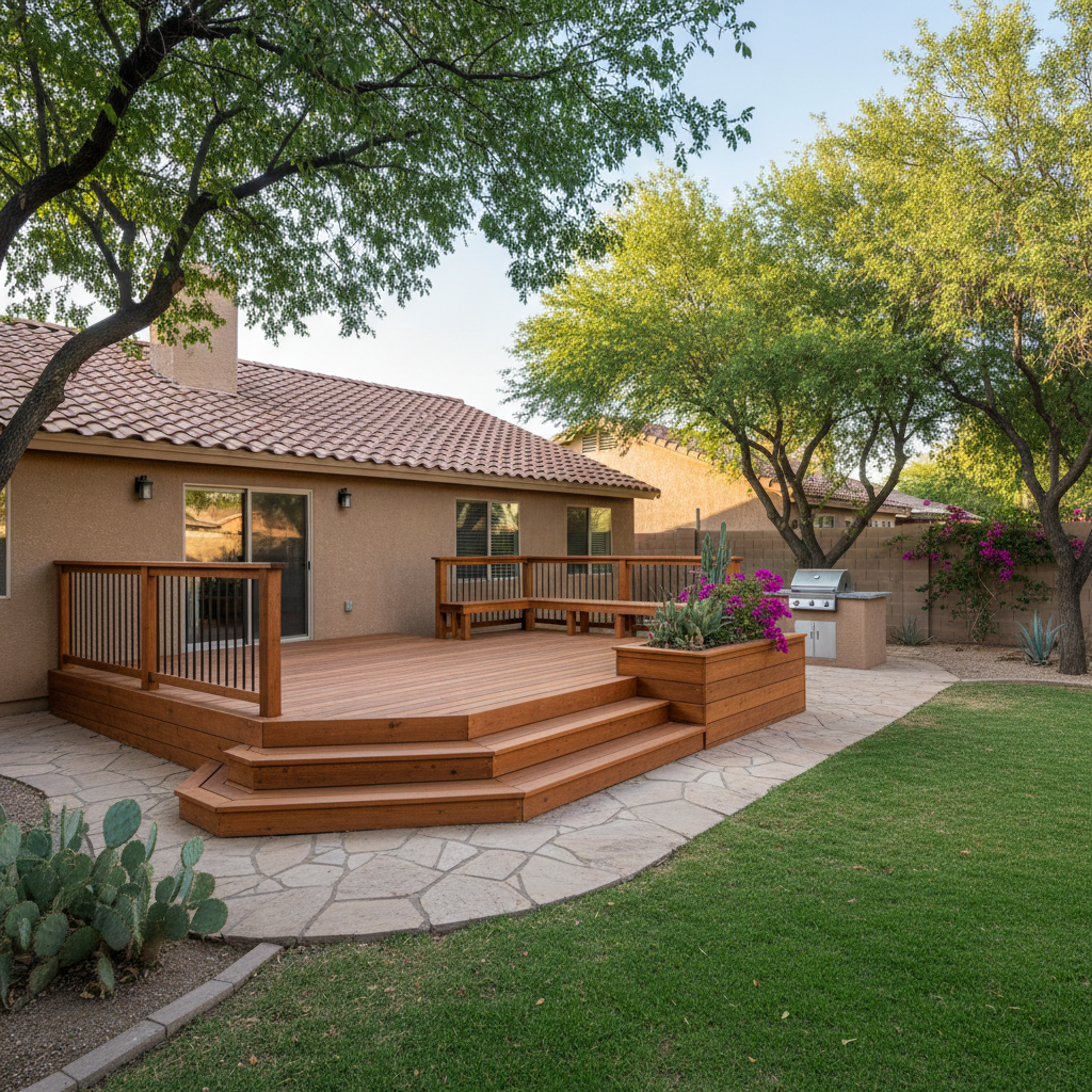 Completed wooden decks work at a residential property in Tempe, AZ