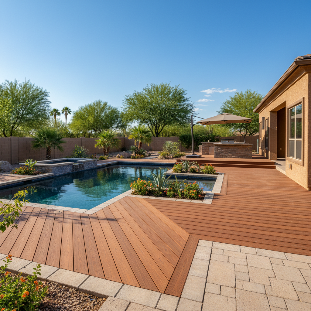 Completed pool decks work at a residential property in Chandler, AZ