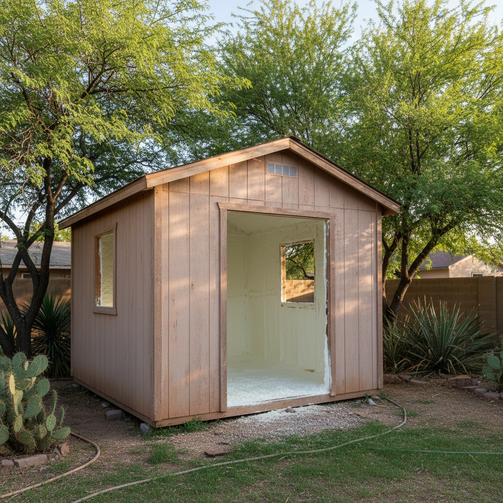 Completed shed insulation work at a residential property in Tucson, AZ