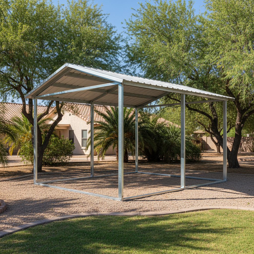Completed metal frame sheds work at a residential property in Coolidge, AZ