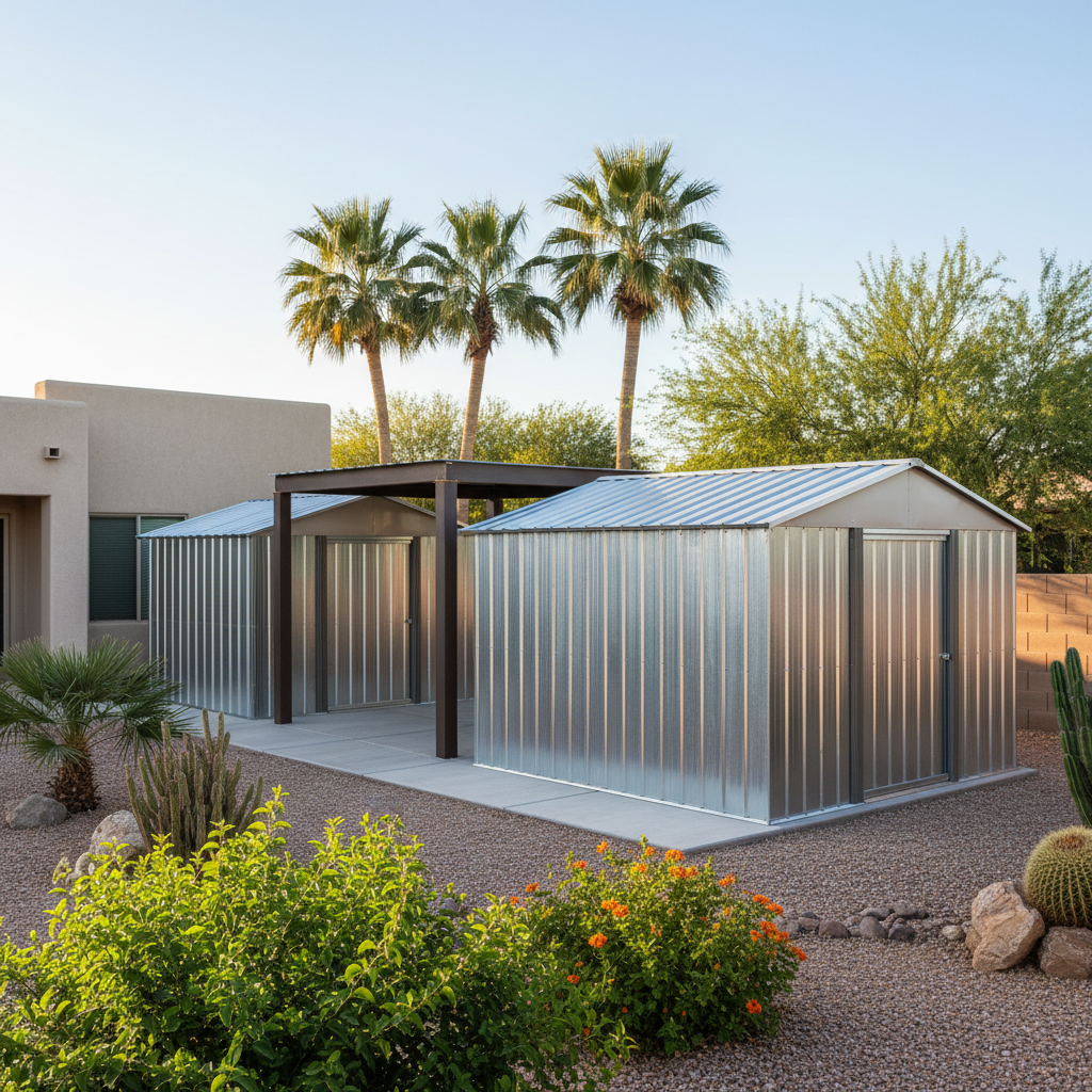 Completed metal frame sheds work at a residential property in Mesa, AZ