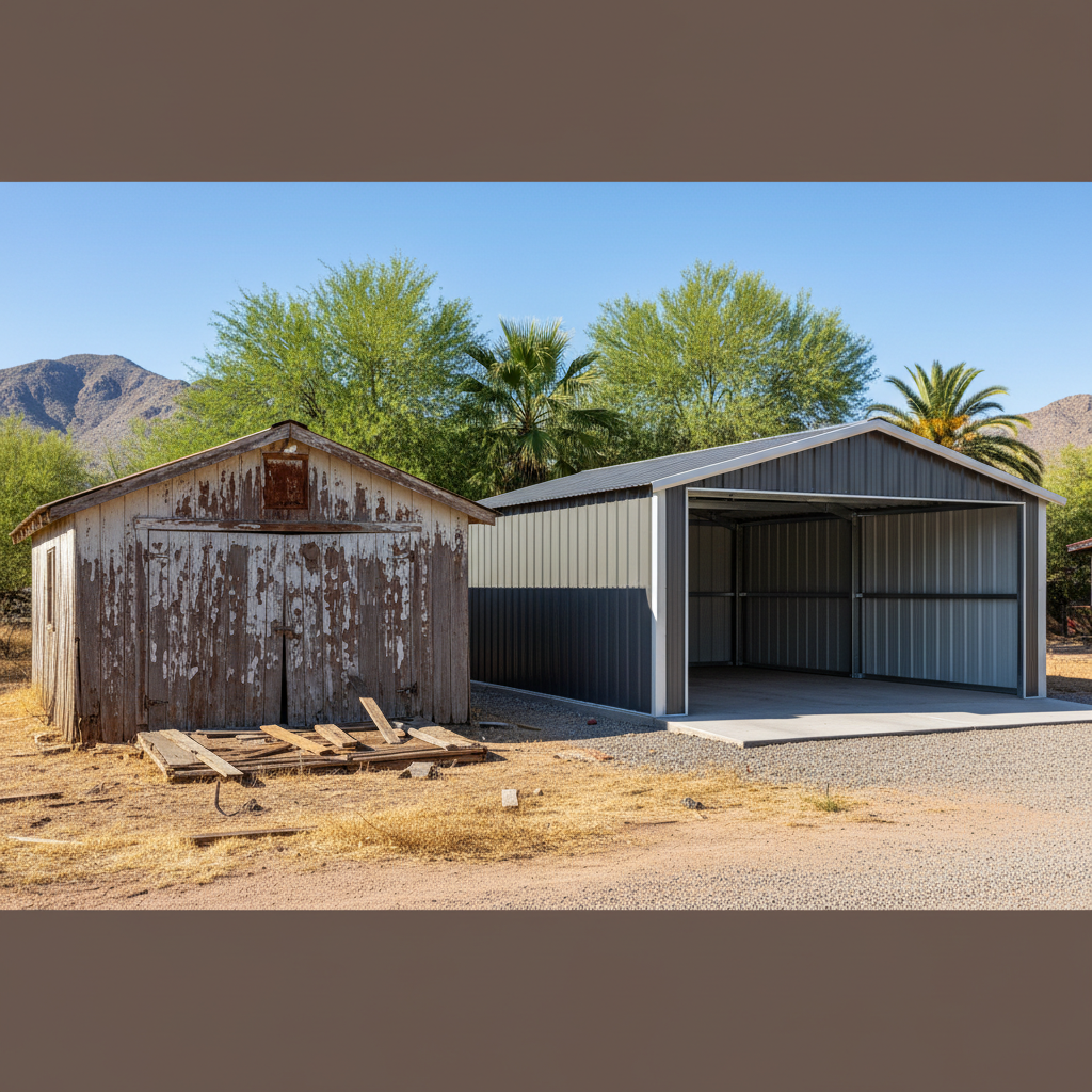 Completed metal frame garages work at a residential property in Coolidge, AZ
