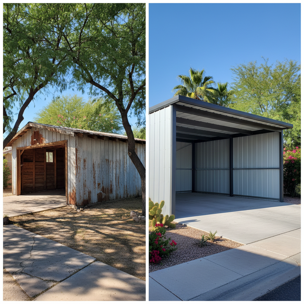 Completed metal frame garages work at a residential property in Glendale, AZ