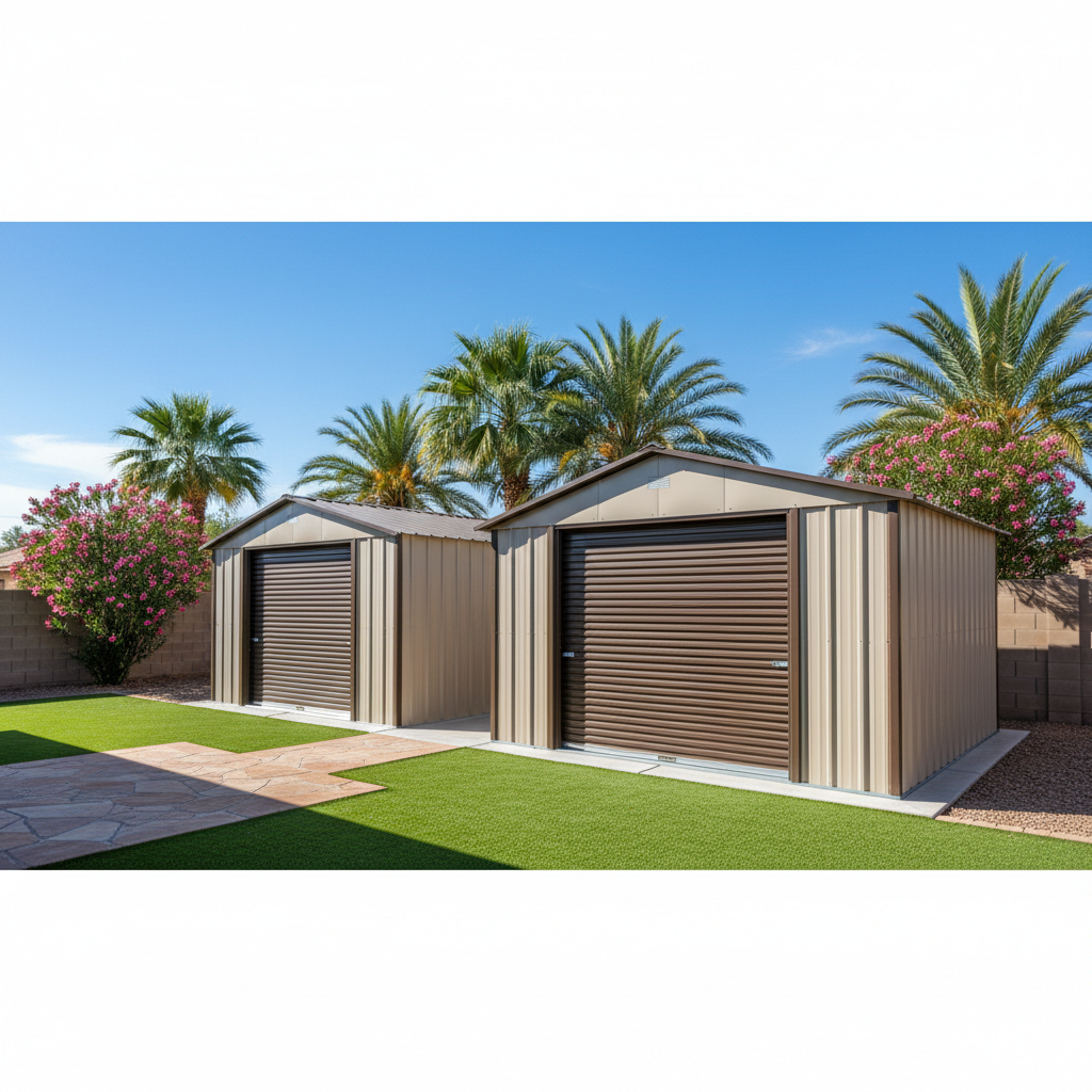 Completed metal frame sheds work at a residential property in Chandler, AZ