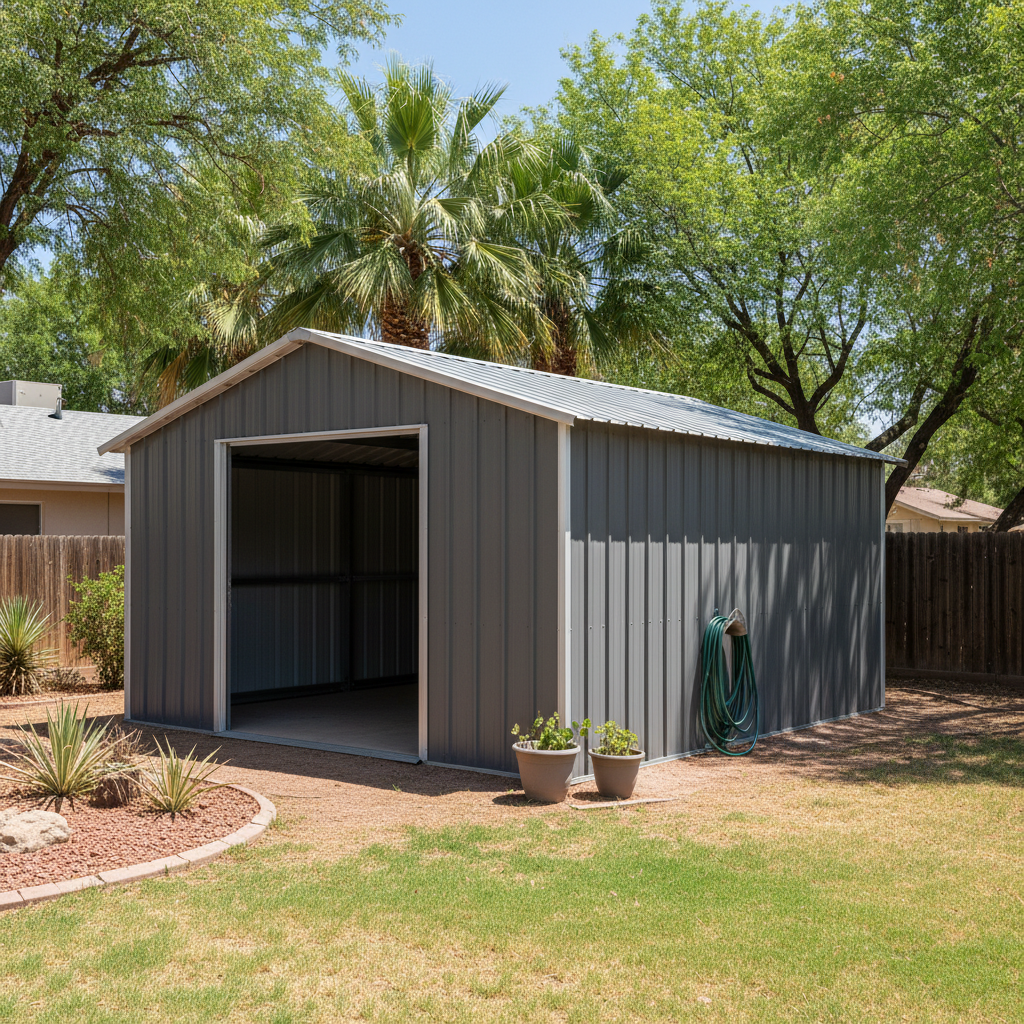 Completed metal frame sheds work at a residential property in El Mirage, AZ