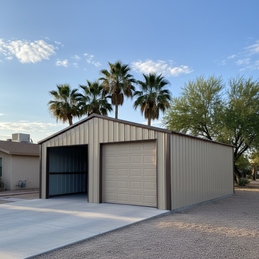 Completed metal frame garages work at a residential property in El Mirage, AZ