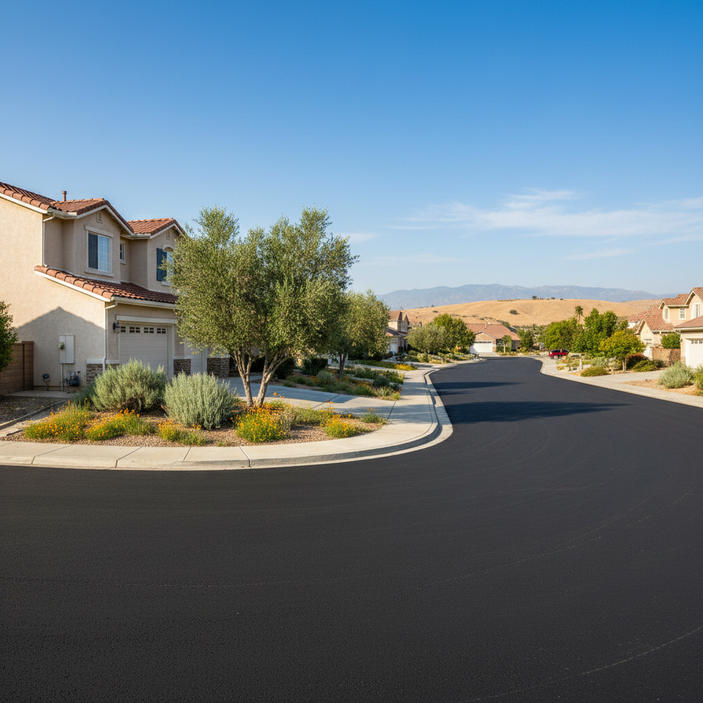 Completed asphalt paving work at a residential property in Madera, CA