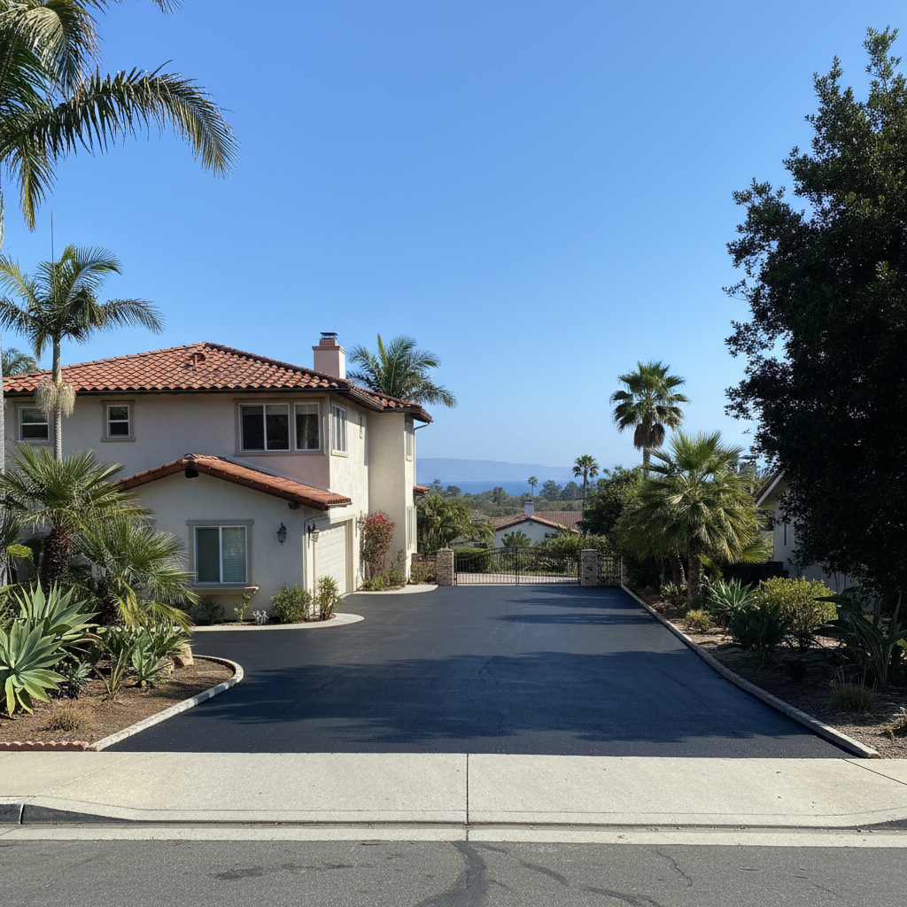 Completed asphalt sealcoating work at a residential property in Laguna Beach, CA