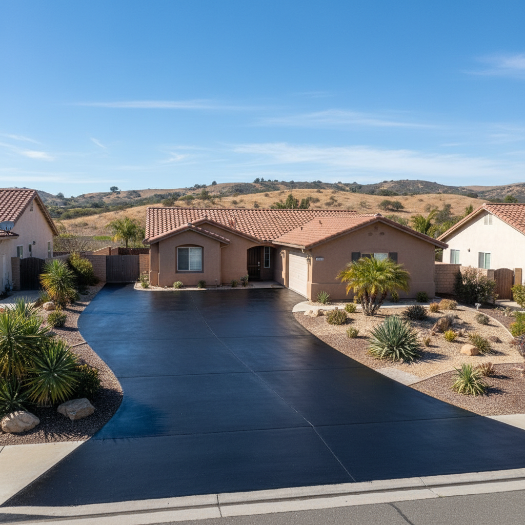 Completed asphalt sealcoating work at a residential property in Murrieta, CA