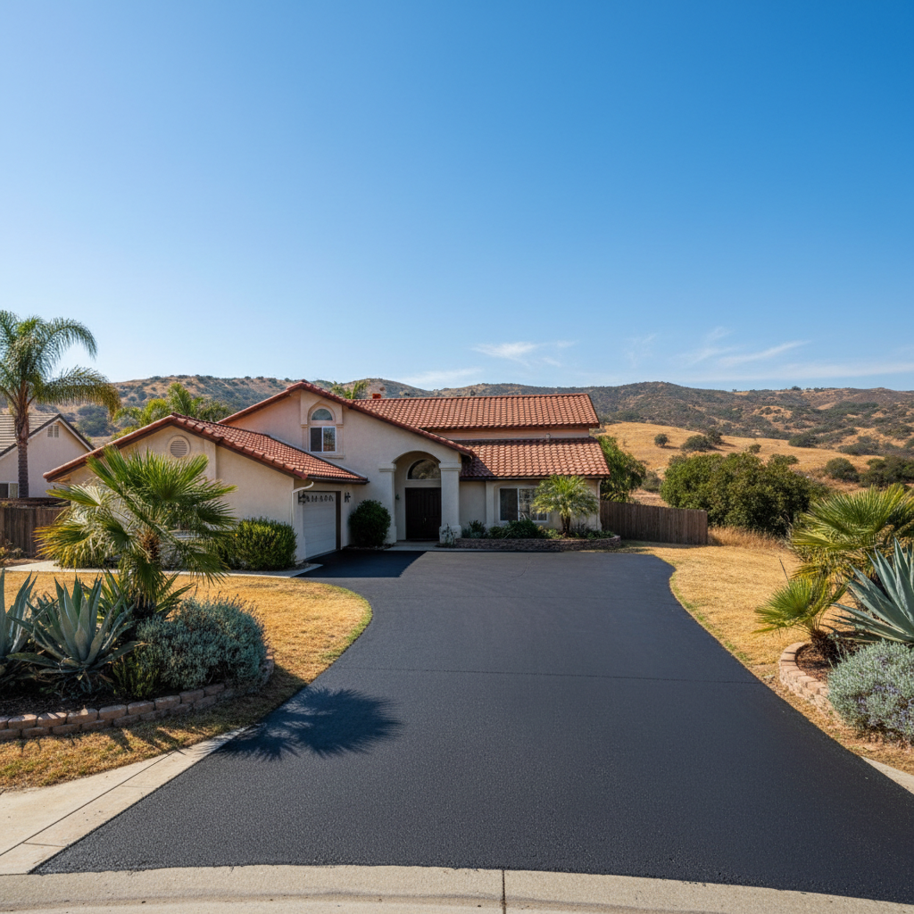 Completed asphalt sealcoating work at a residential property in La Mesa, CA