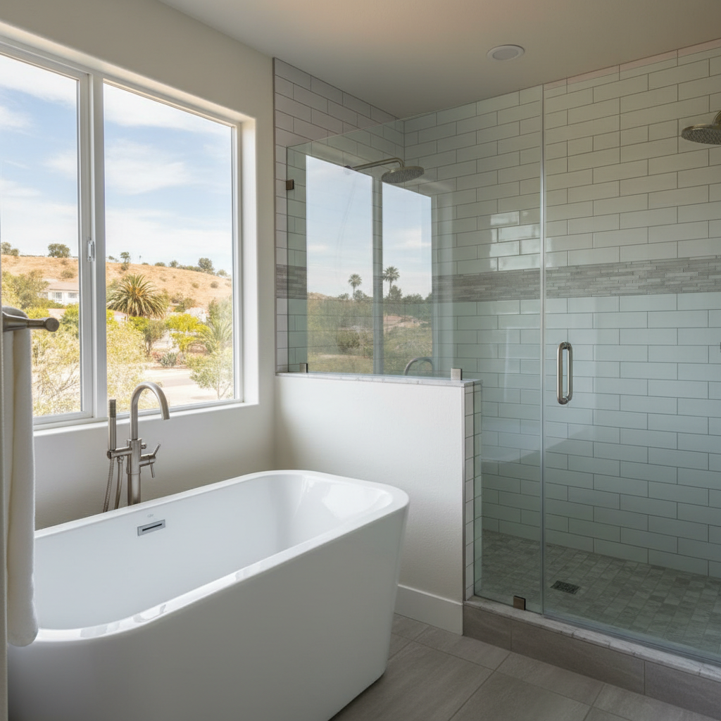Completed bathtub and shower installation work at a residential property in Downey, CA