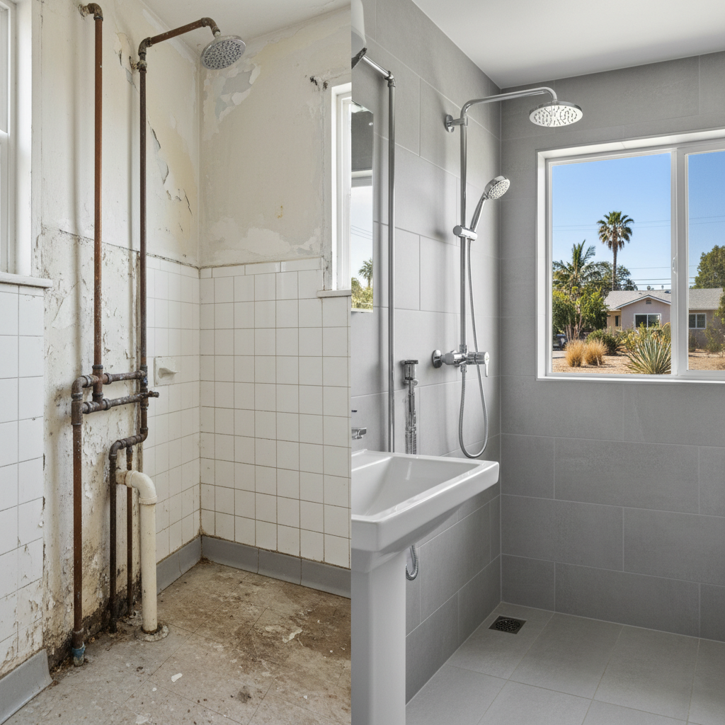 Completed plumbing work work at a residential property in Garden Grove, CA