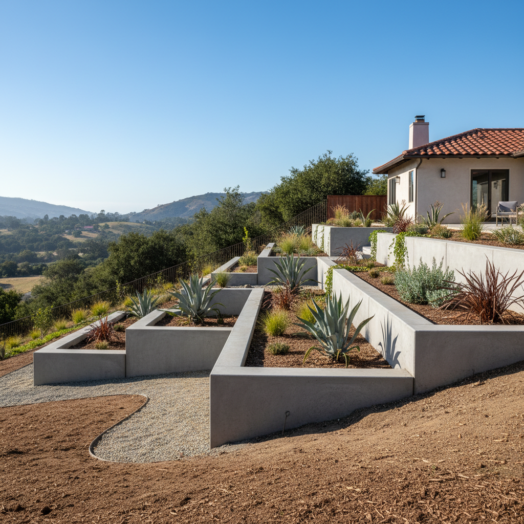 Completed concrete retaining walls work at a residential property in Santa Barbara, CA