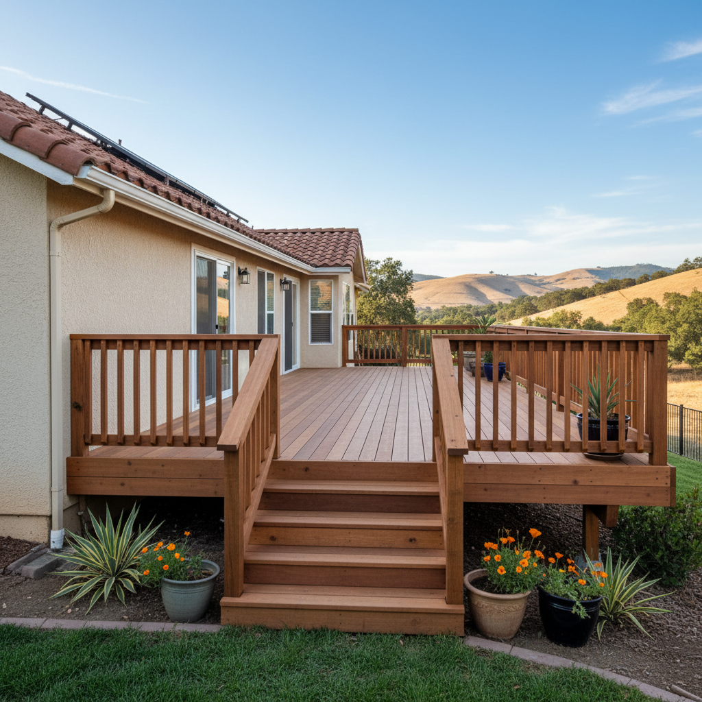 Completed wooden decks work at a residential property in Pittsburg, CA