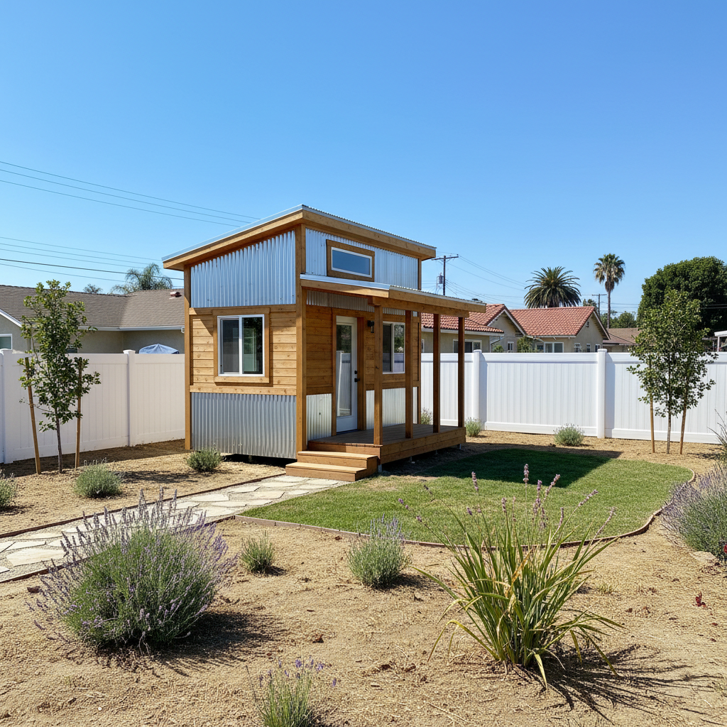 Completed tiny homes work at a residential property in Pomona, CA