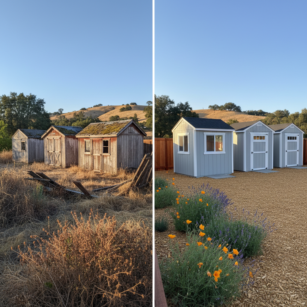 Completed garden sheds work at a residential property in Oakdale, CA