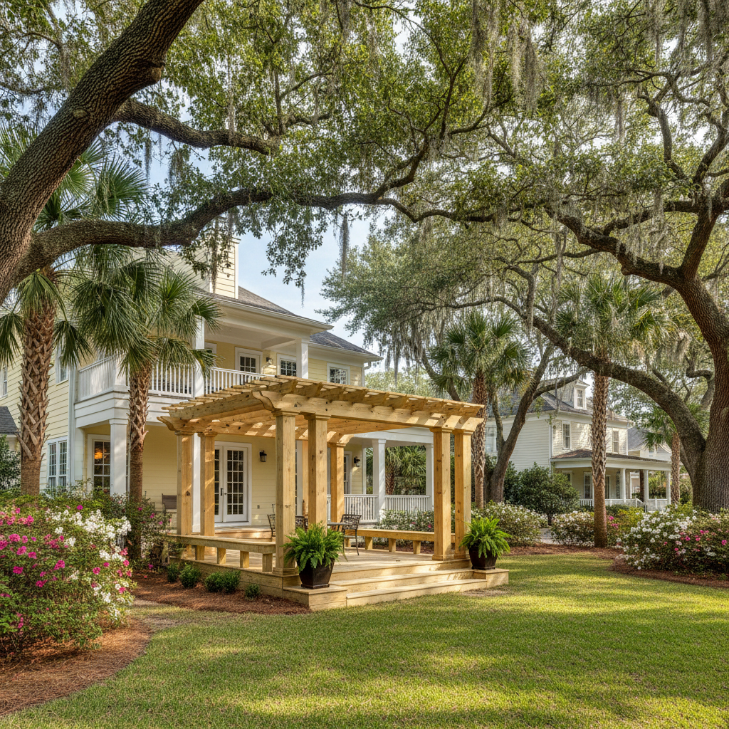 Completed pergola construction work at a residential property in Savannah, GA