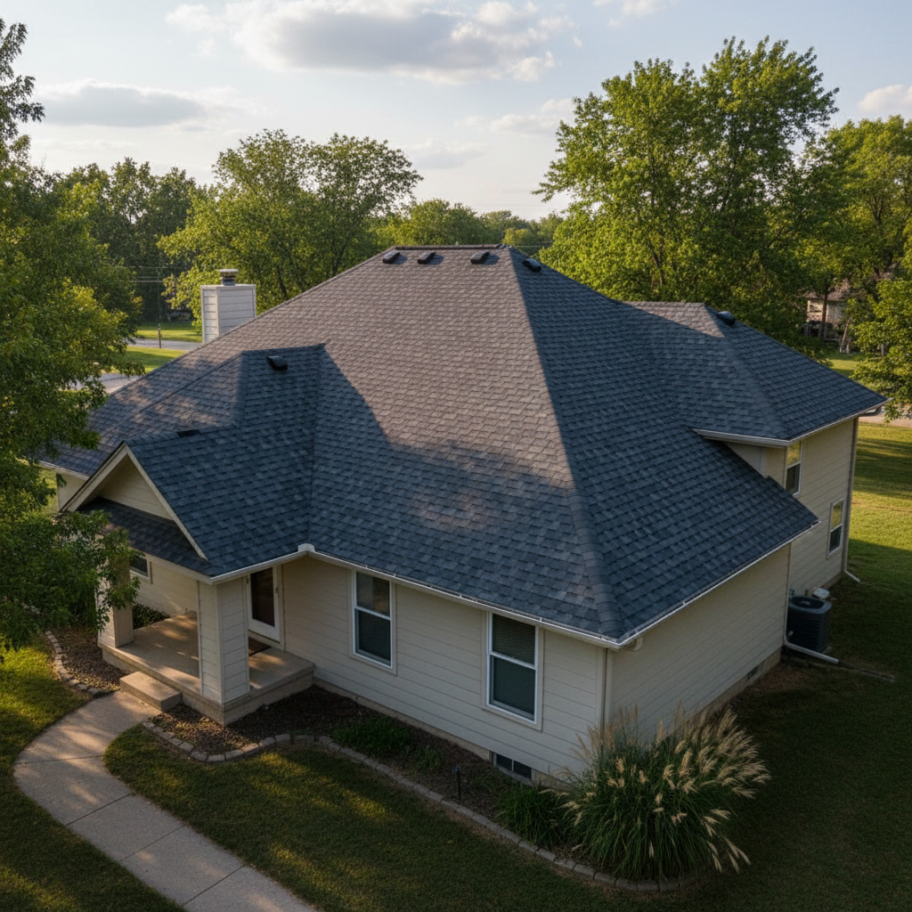 Completed asphalt shingle roofing work at a residential property in Derby, KS