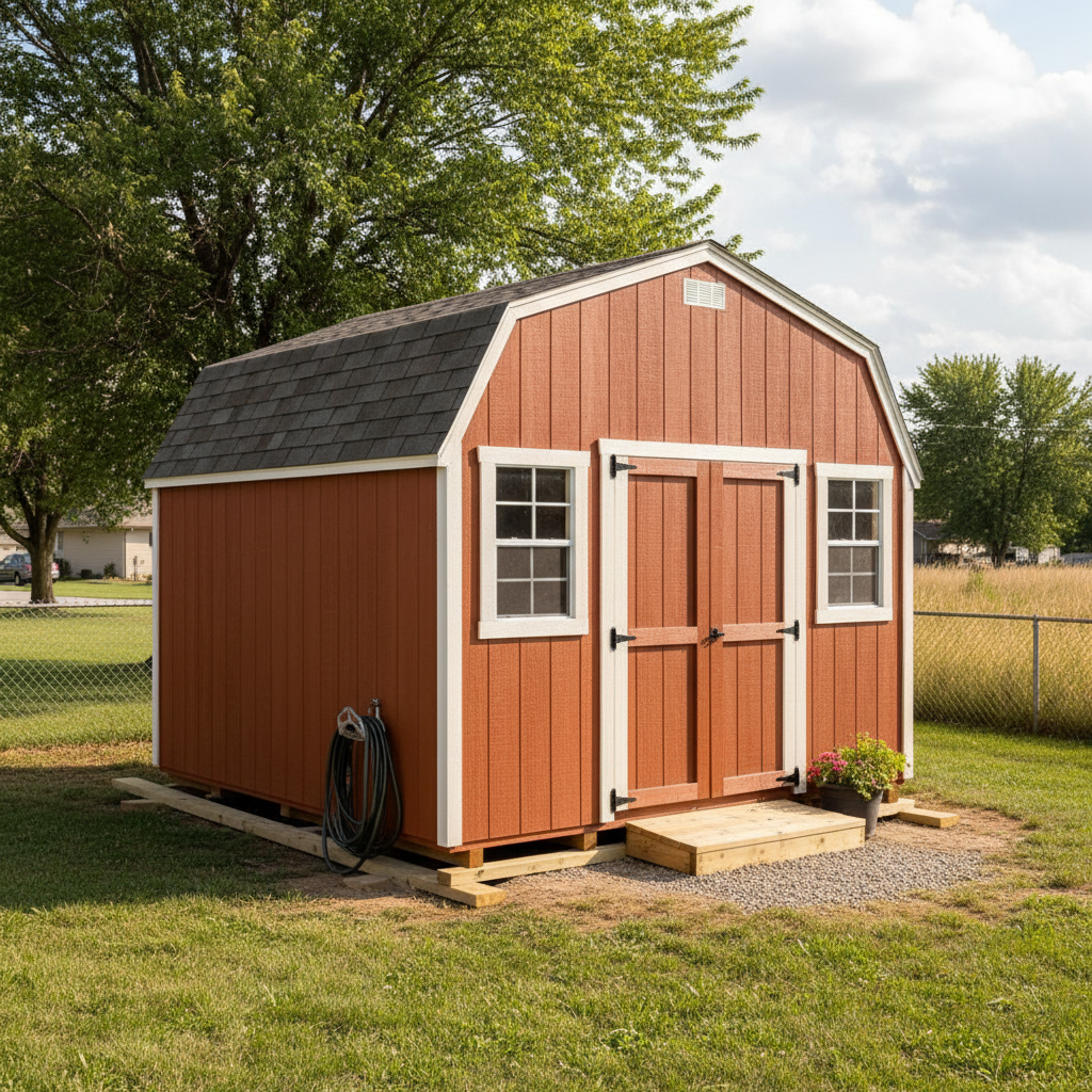 Completed shed delivery and installation work at a residential property in Wichita, KS