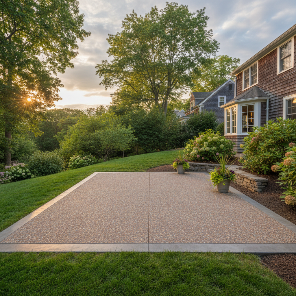 Completed concrete patios work at a residential property in Brookline, MA
