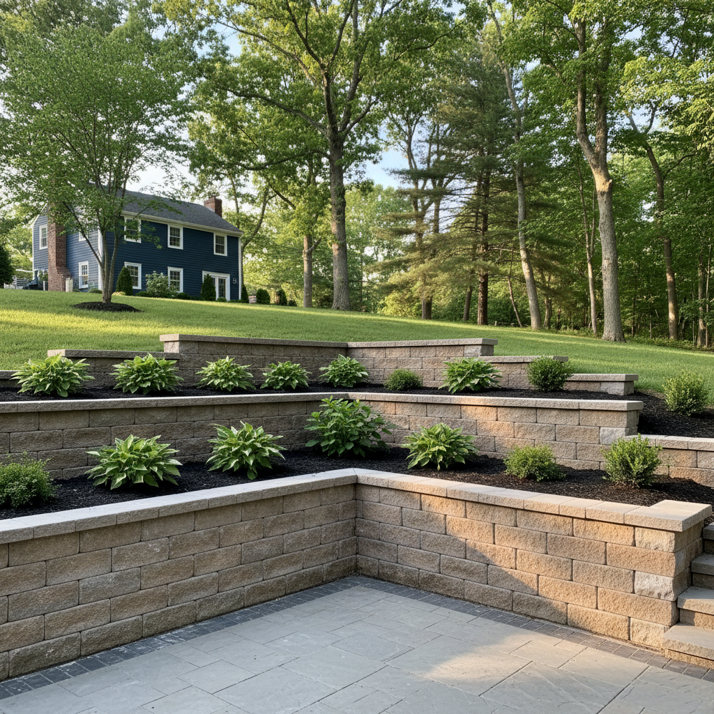 Completed concrete retaining walls work at a residential property in Needham, MA