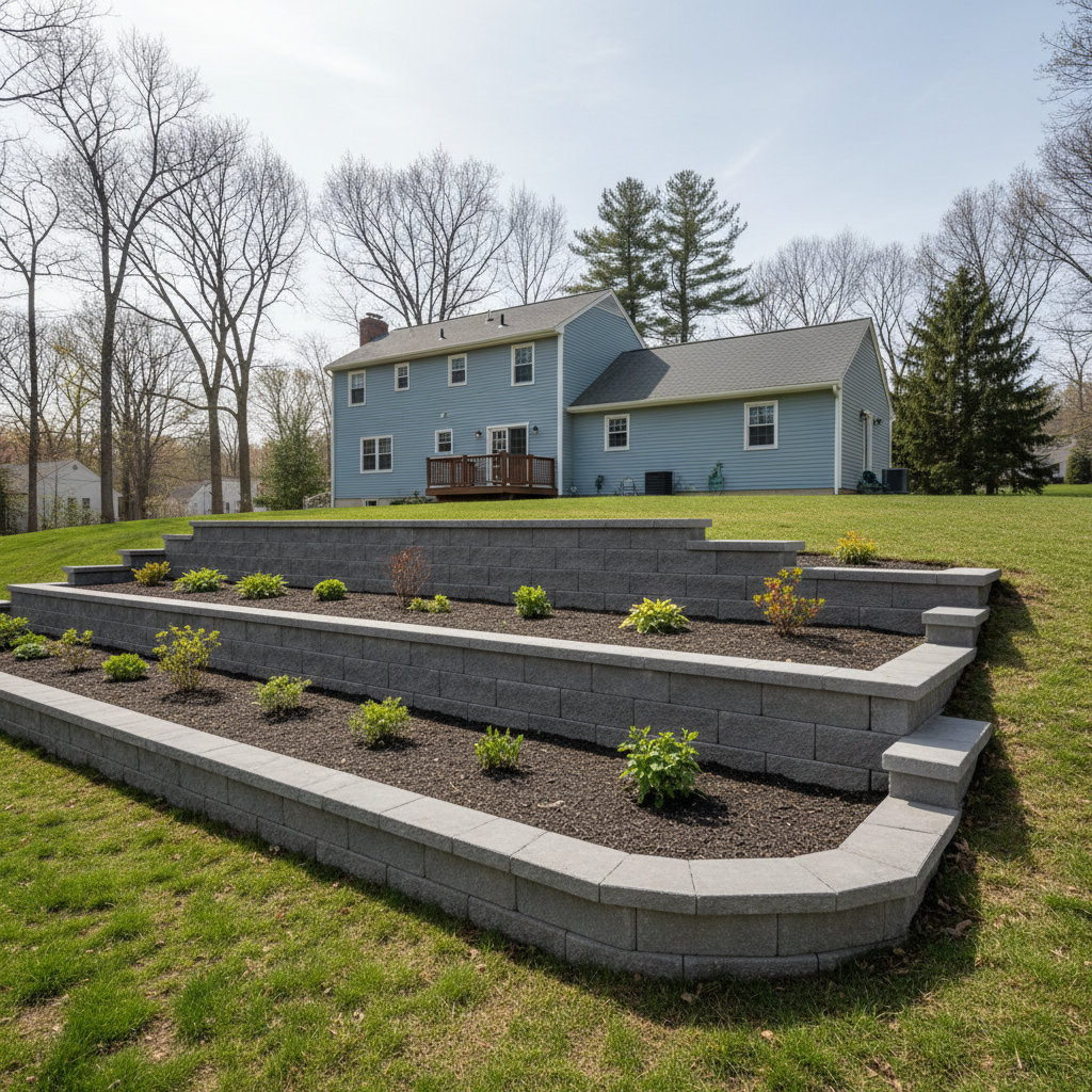 Completed concrete retaining walls work at a residential property in Marlborough, MA
