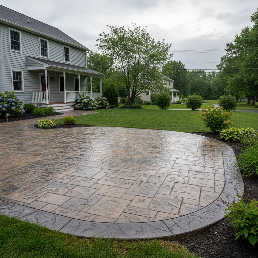 Completed stamped concrete work at a residential property in Worcester, MA