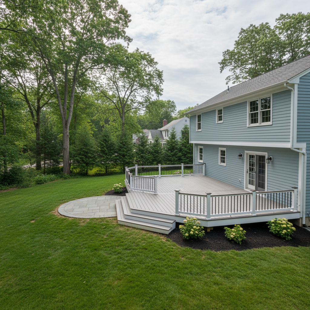 Completed composite decks work at a residential property in Medford, MA