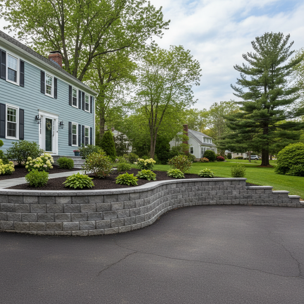 Completed block wall construction work at a residential property in Wellesley, MA
