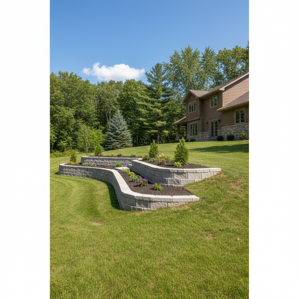 Completed concrete retaining walls work at a residential property in Kingsford, MI