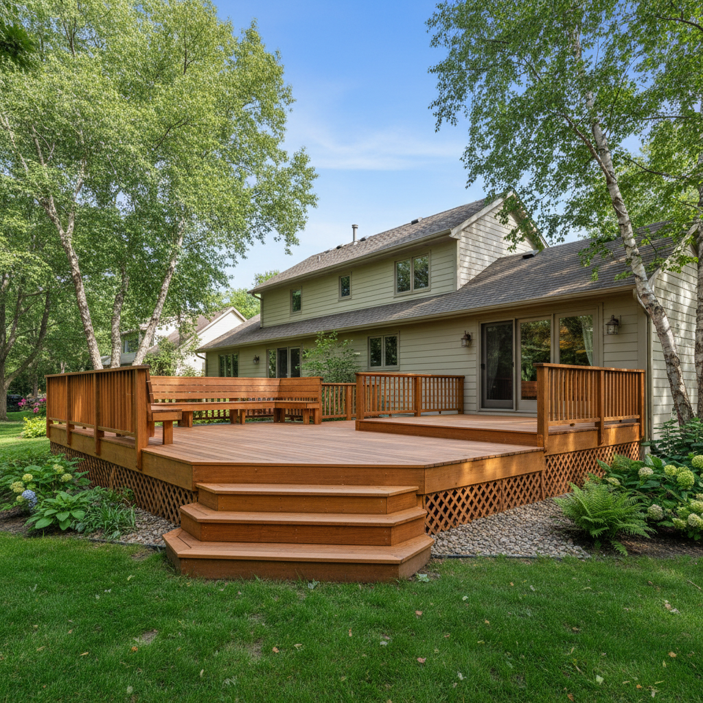Completed wooden decks work at a residential property in North Oaks, MN