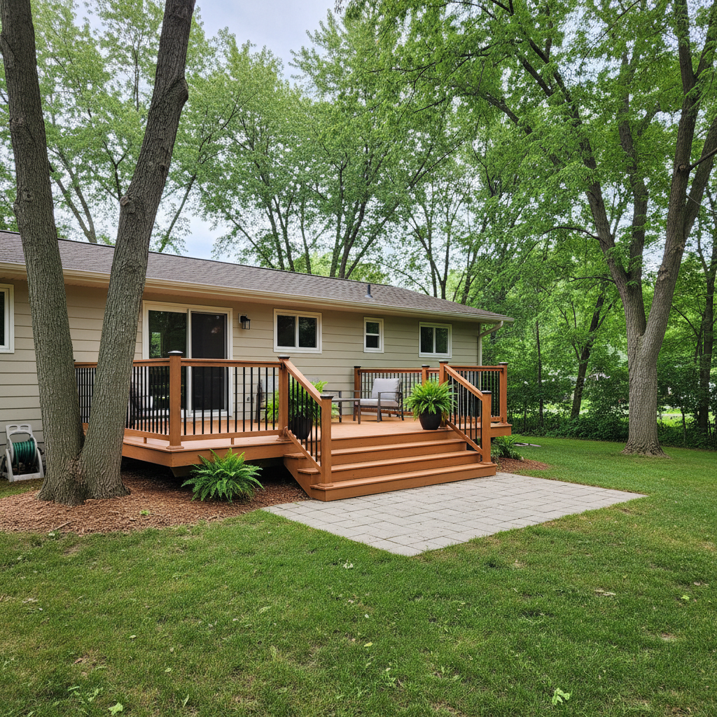 Completed composite decks work at a residential property in Burnsville, MN