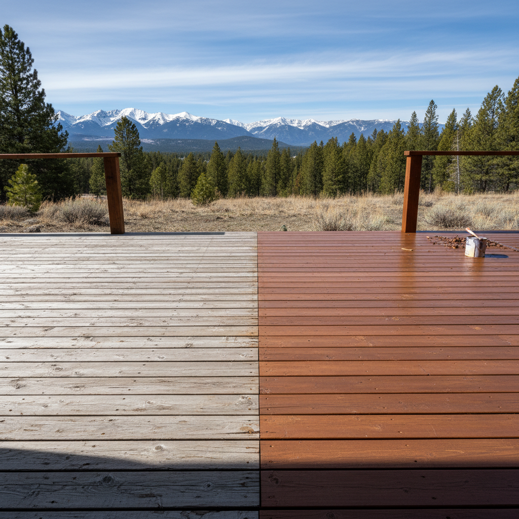 Completed deck staining work at a residential property in Big Sky, MT