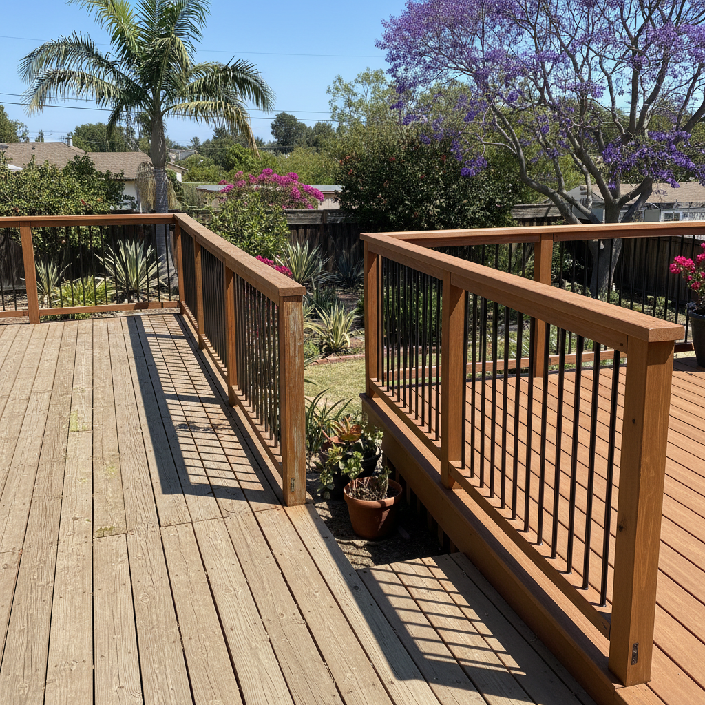 Completed deck railing installation work at a residential property in Garden Grove, CA