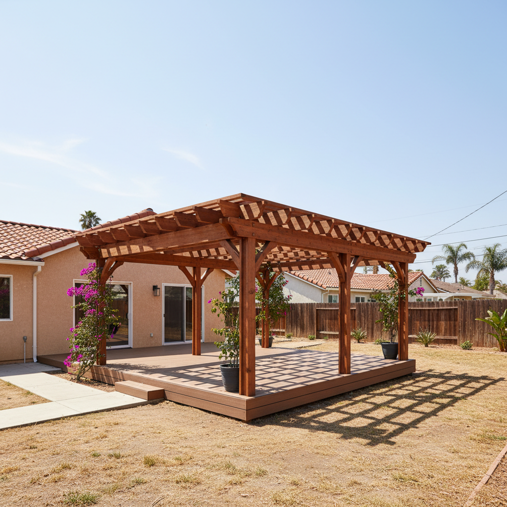 Completed pergola construction work at a residential property in Hawthorne, CA