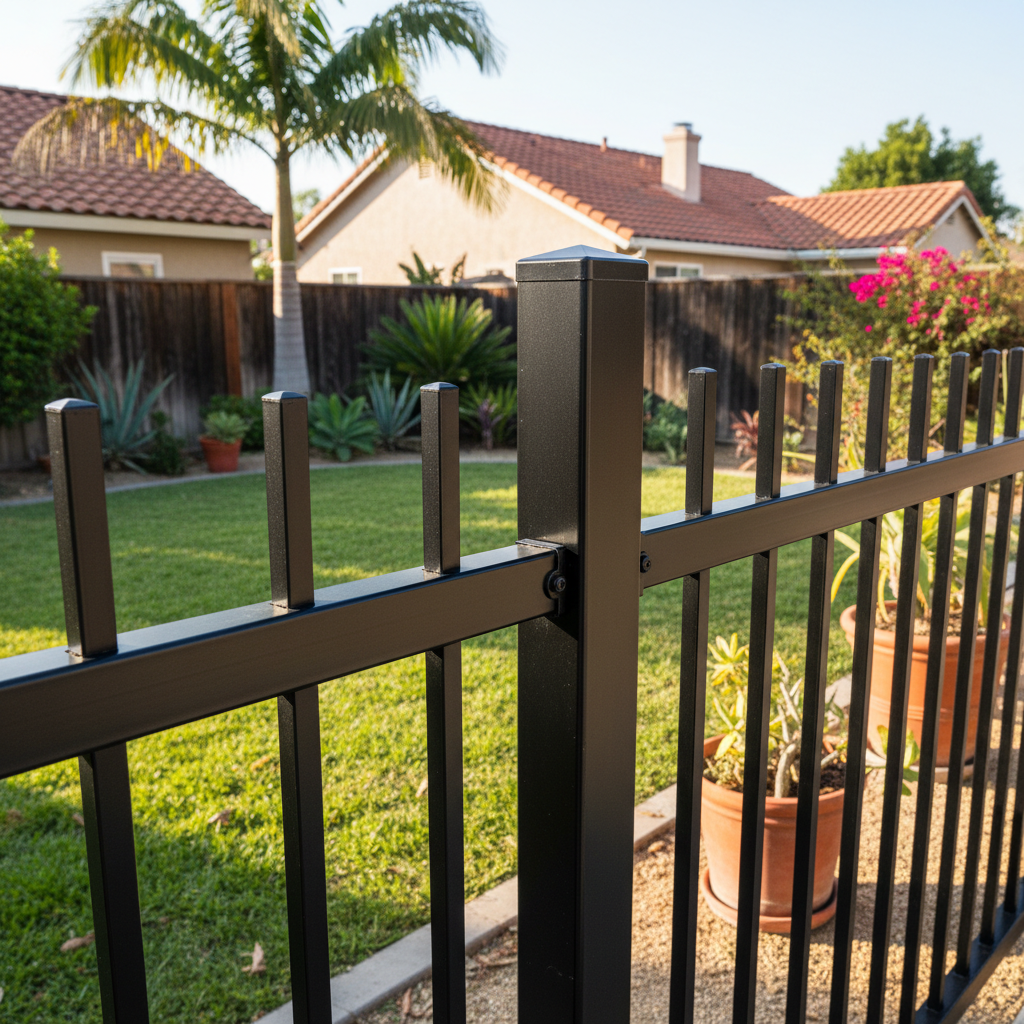 Completed aluminum fence installation work at a residential property in Garden Grove, CA