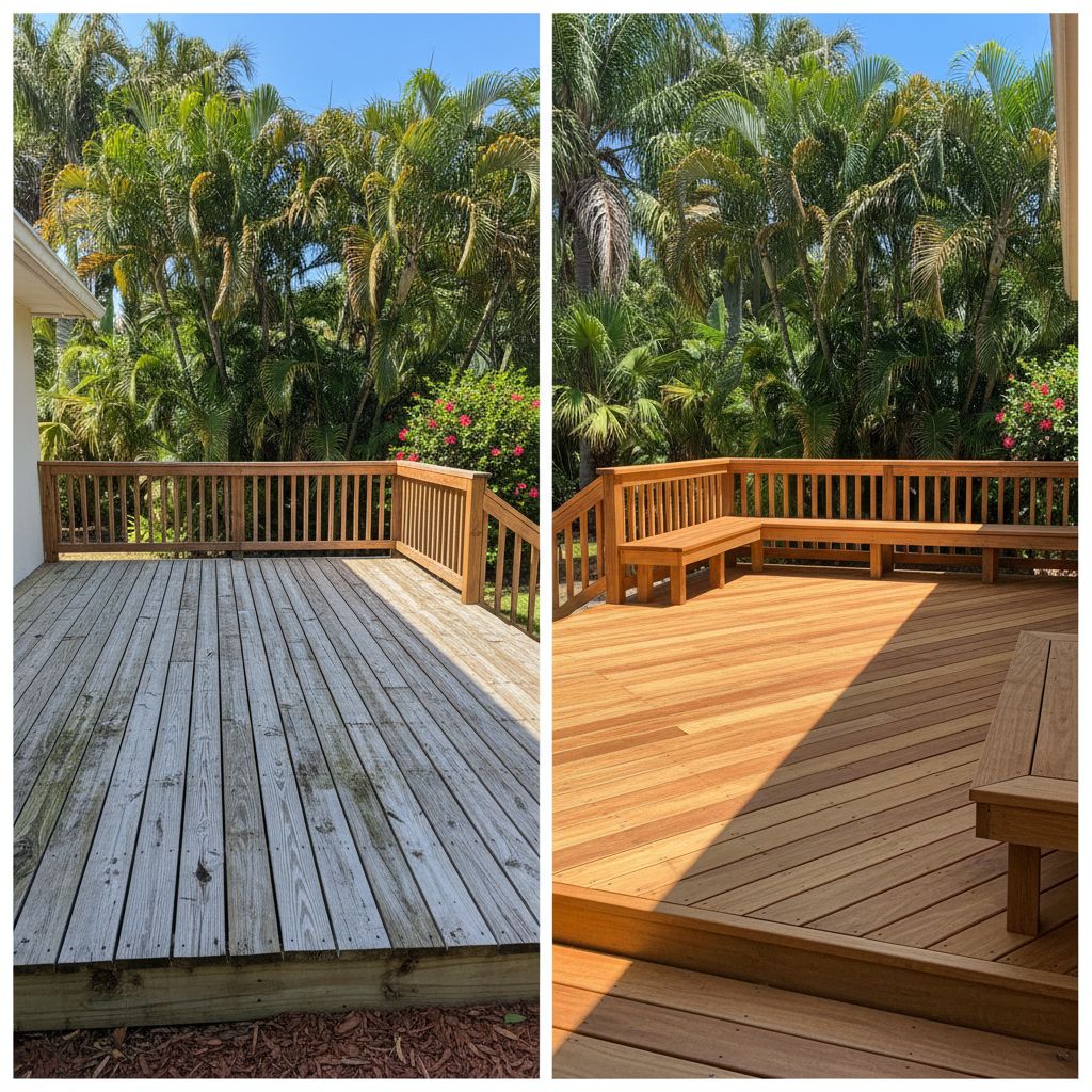 Completed wooden decks work at a residential property in West Palm Beach, FL