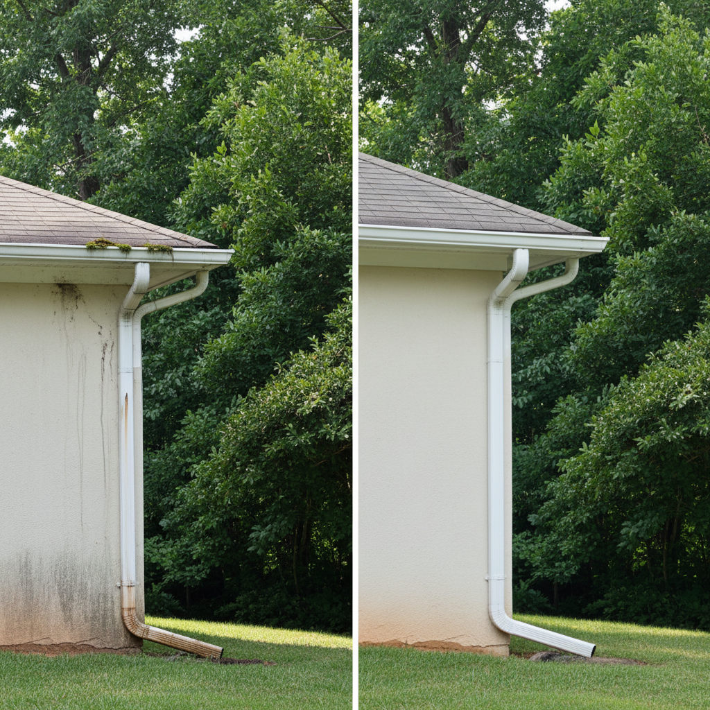 Completed downspout installation work at a residential property in Durham, NC