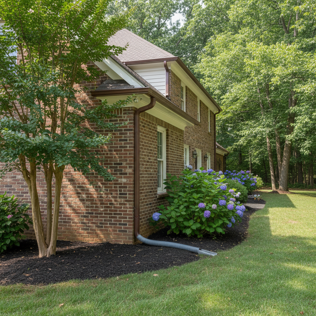 Completed downspout repair work at a residential property in Durham, NC