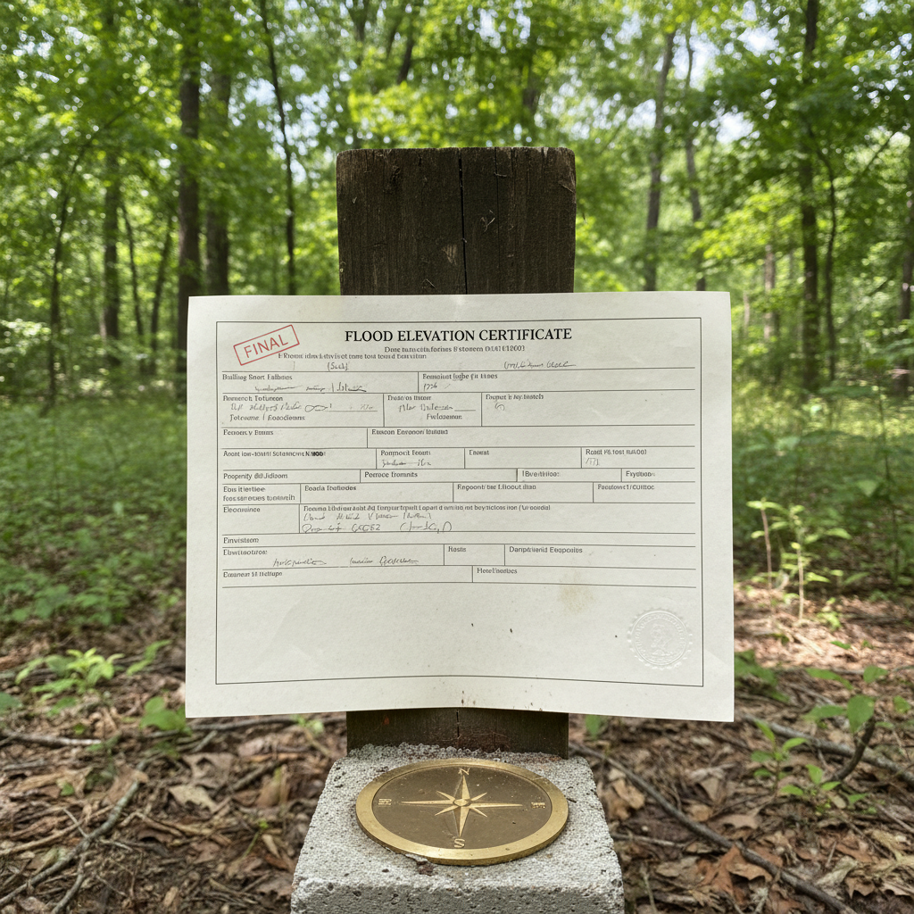 Completed flood elevation certificates work at a residential property in Fayetteville, NC