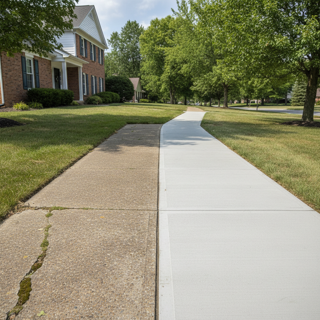 Completed concrete sidewalks work at a residential property in Akron, OH