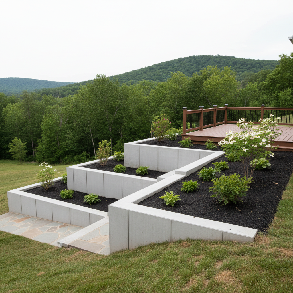 Completed concrete retaining walls work at a residential property in Macungie, PA