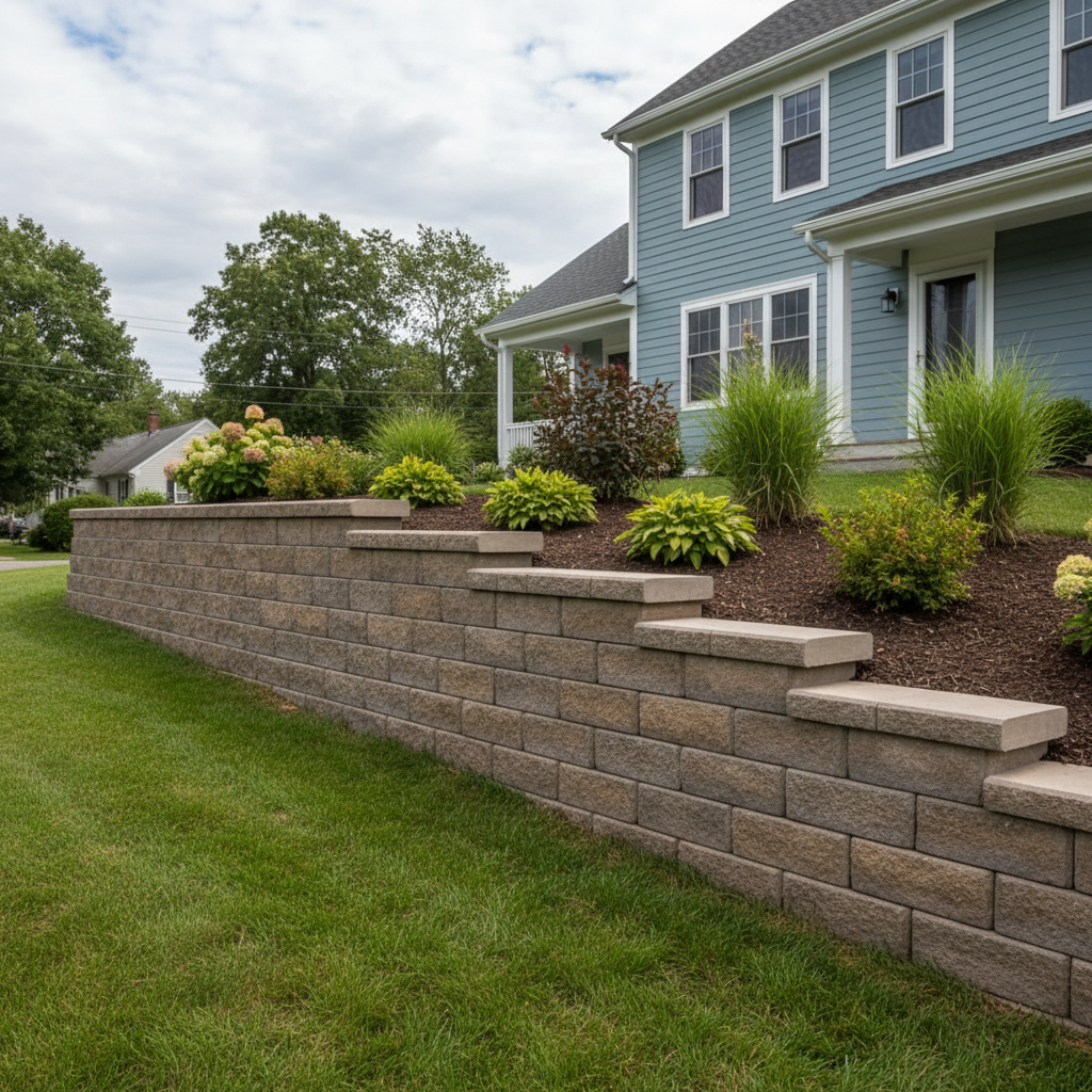Completed concrete retaining walls work at a residential property in Pawtucket, RI