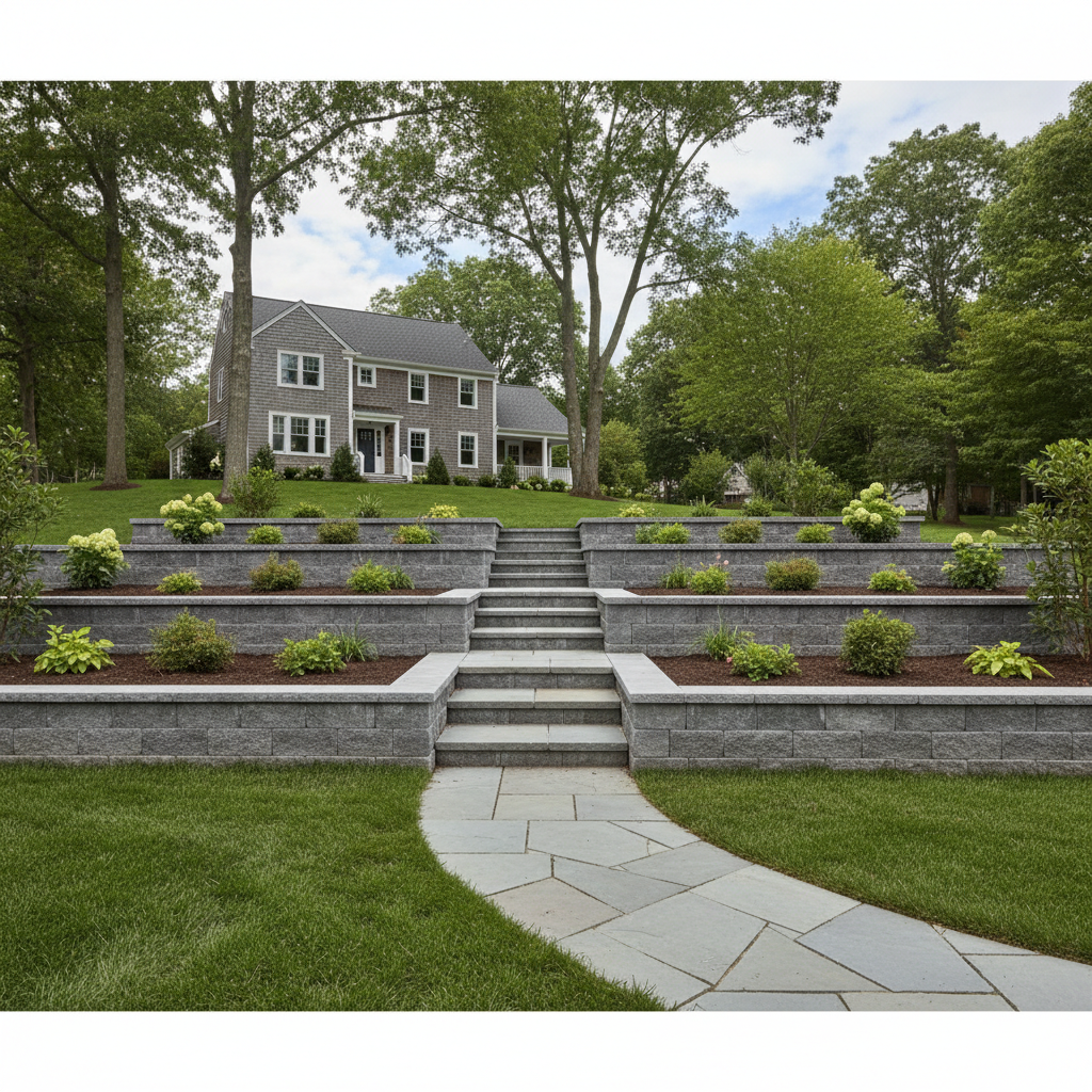 Completed concrete retaining walls work at a residential property in Providence, RI