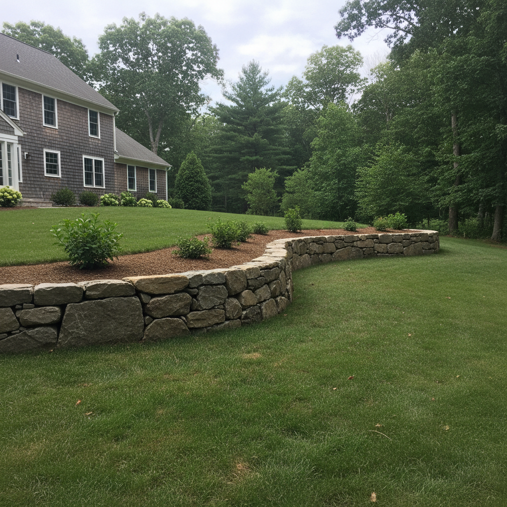 Completed retaining wall construction work at a residential property in North Kingstown, RI